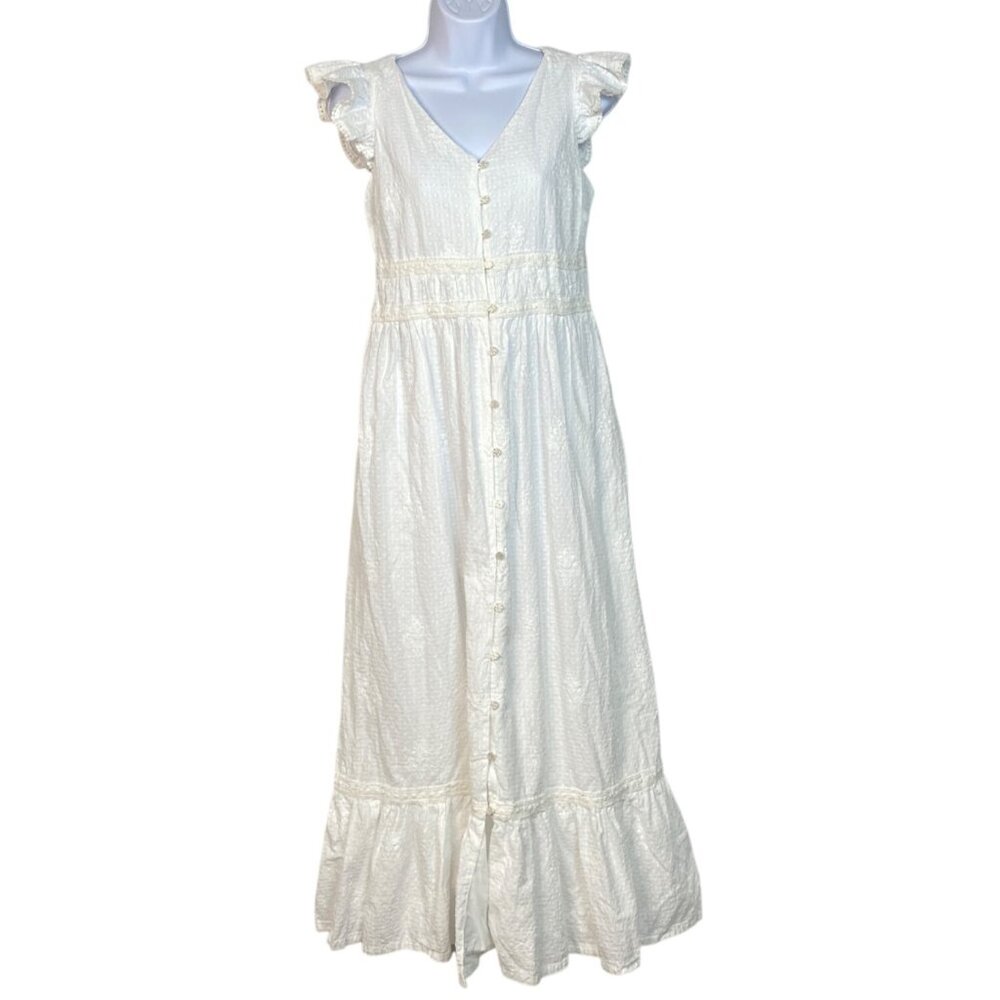 Rachel Zoe White Eyelet Lace Maxi Dress W/ Ruffle Sleeves & Button Front Size 4